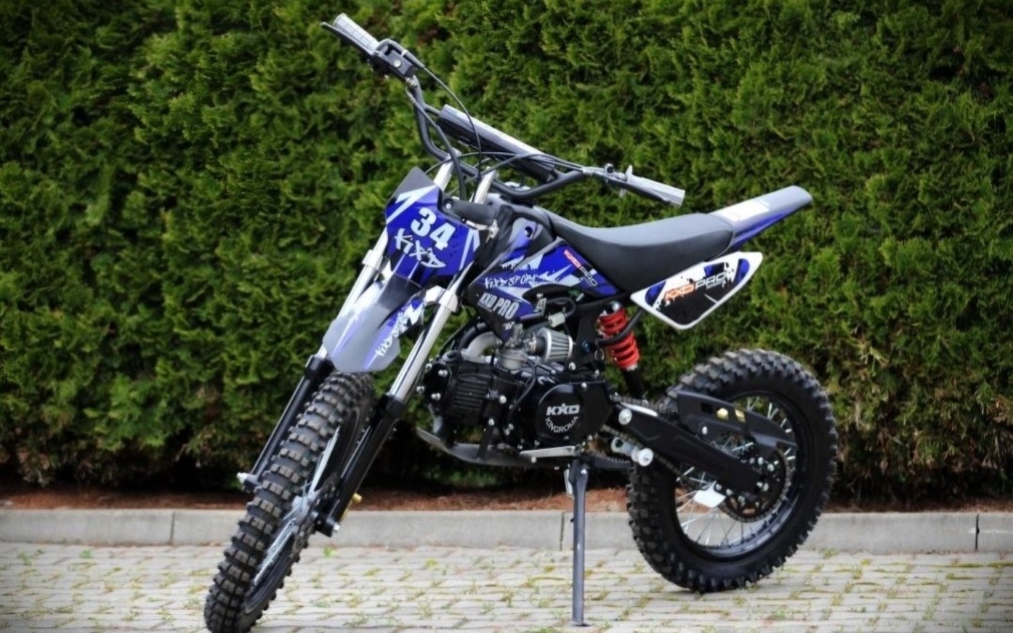 
        Motocykl terenowy na tle zielonego żywopłotu.
    