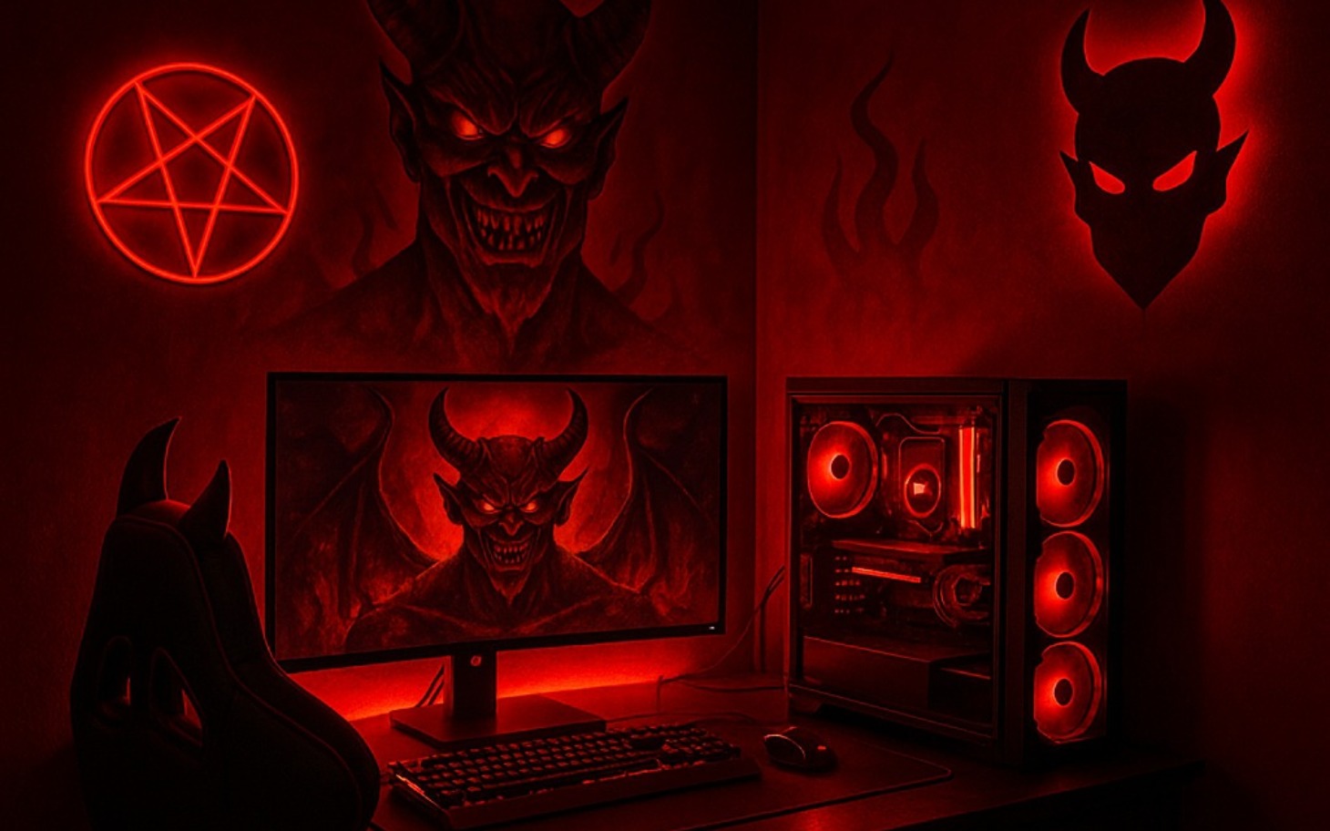 
        Ciemny pokój z komputerem i demonami na ścianach.
    