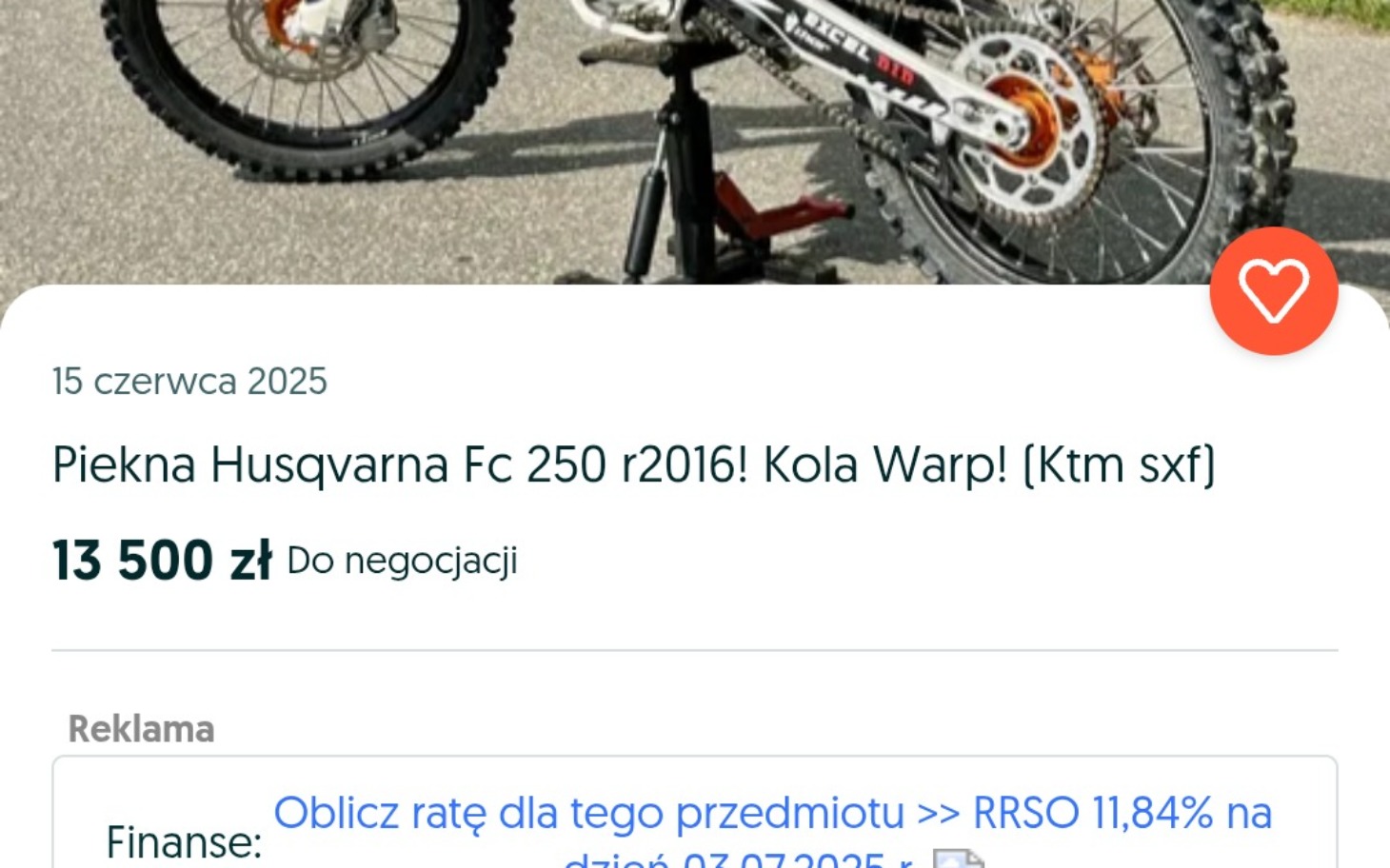 
        Ogłoszenie sprzedaży motocykla Husqvarna Fc 250 z 2016 roku.
    