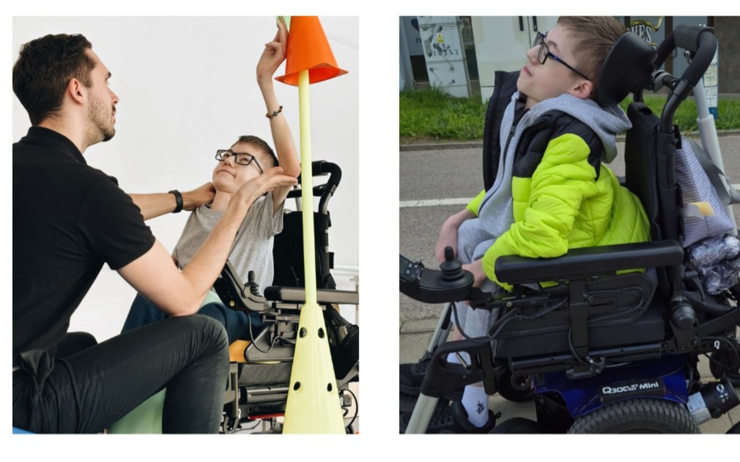 
        Chłopiec w wózku inwalidzkim, z opiekunem.
    