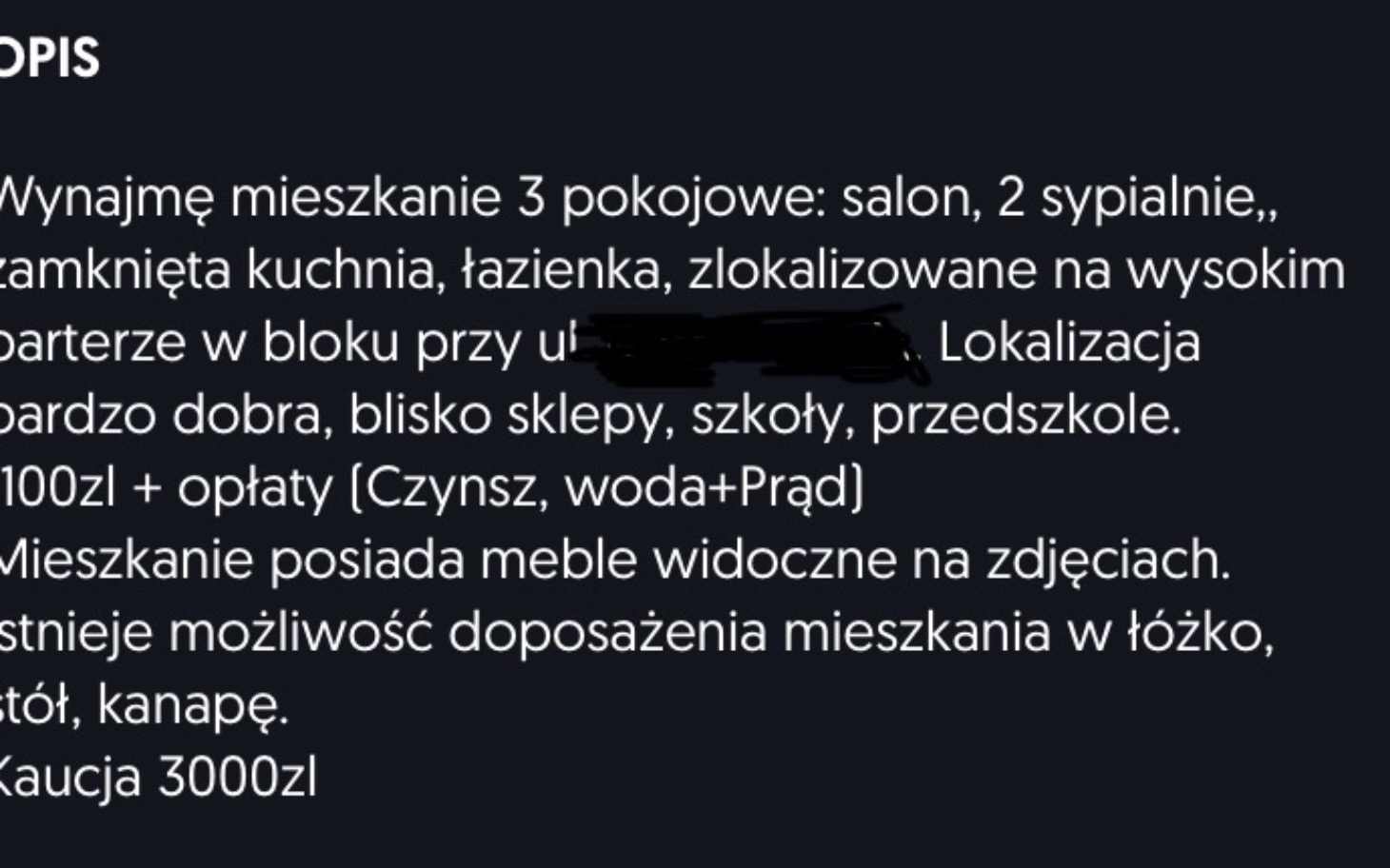 
        Ogłoszenie o wynajmie mieszkania z opisem i ceną.
    
