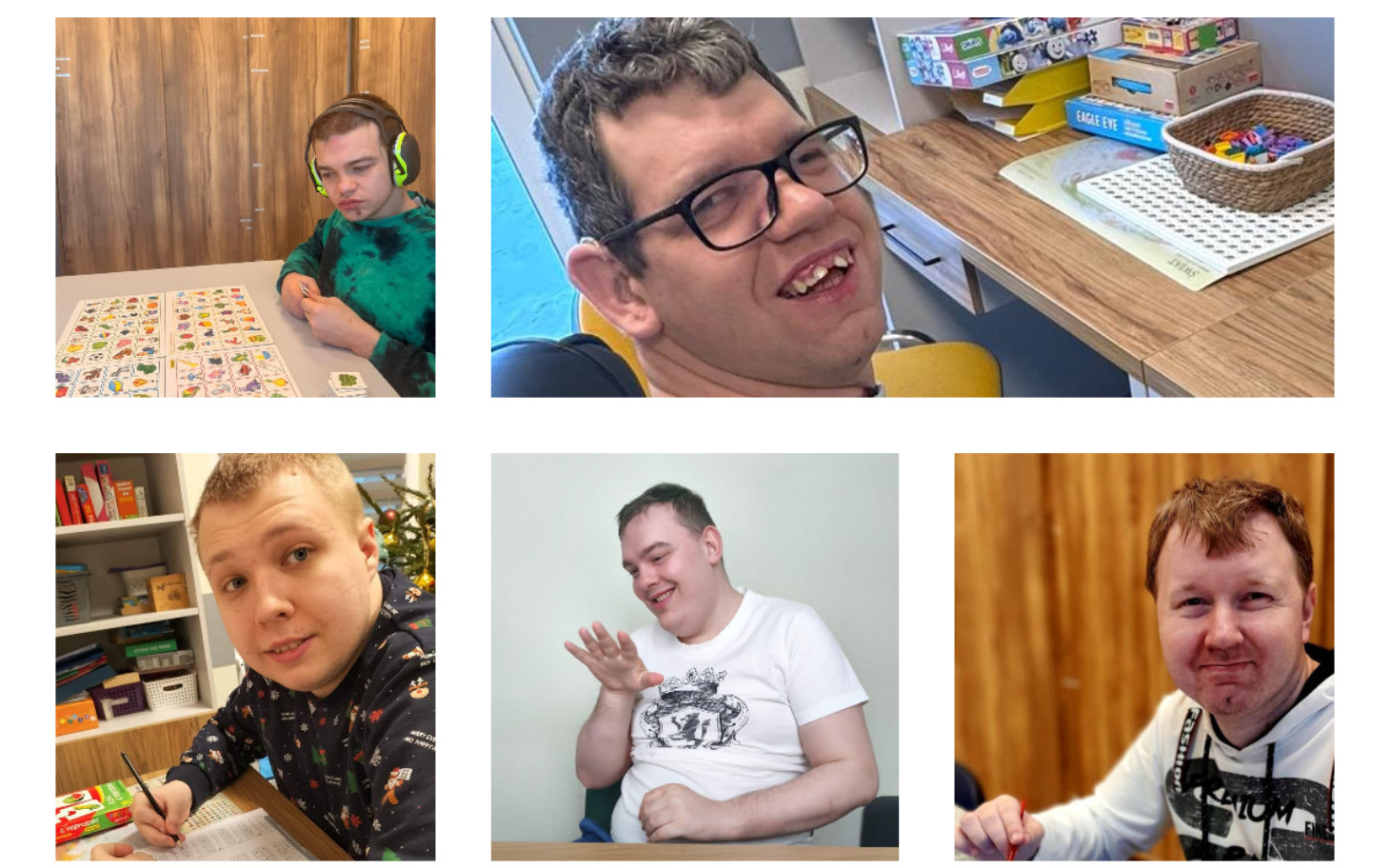 
        Grupa osób w różnych sytuacjach, uśmiechnięte twarze.
    