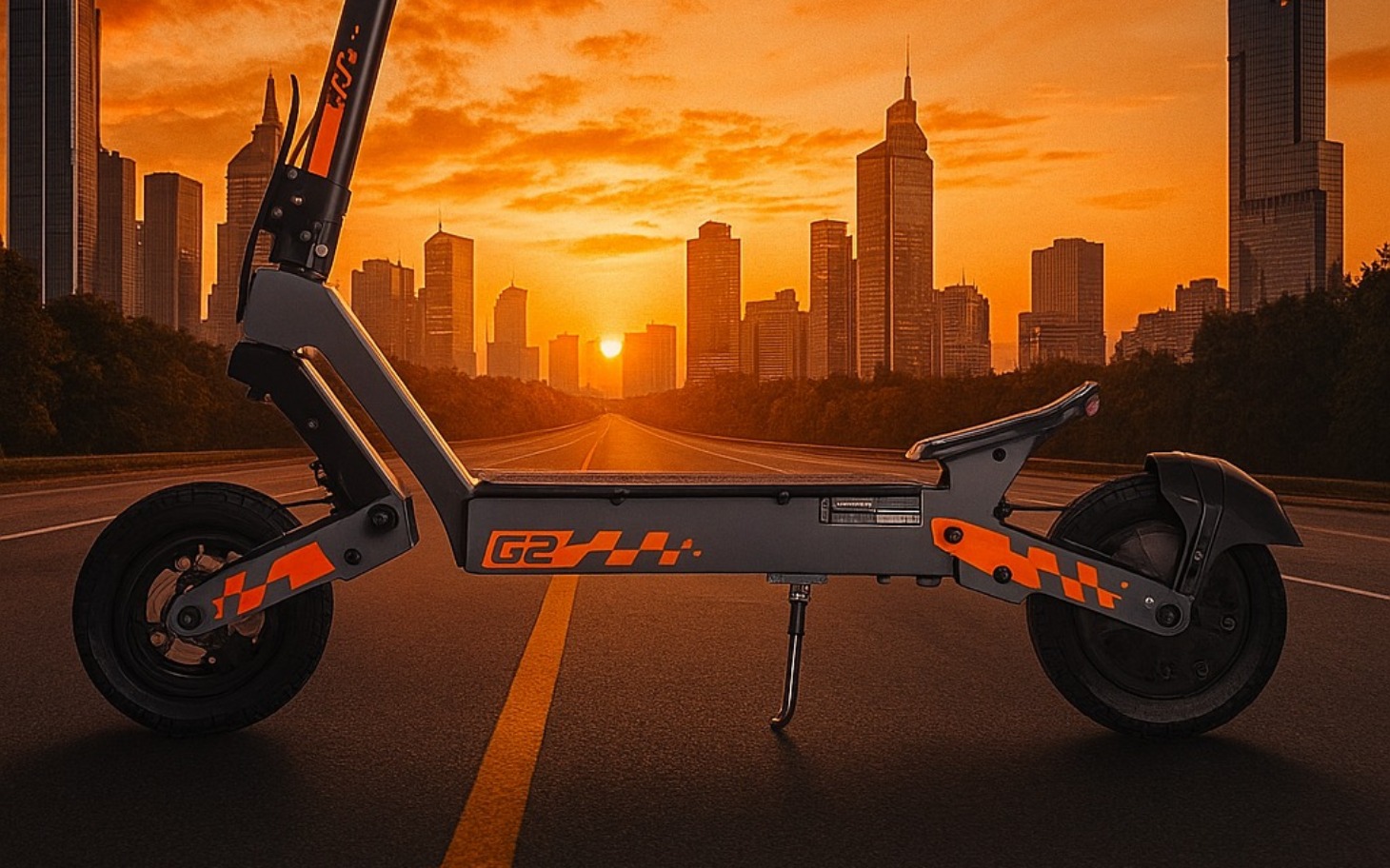 
        Skuter elektryczny na drodze z panoramą miasta w tle.
    