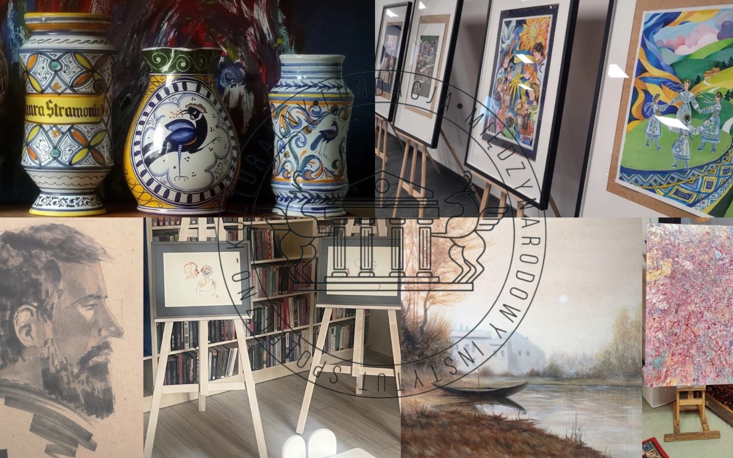 
        Wystawa sztuki z różnymi obrazami i rysunkami.
    