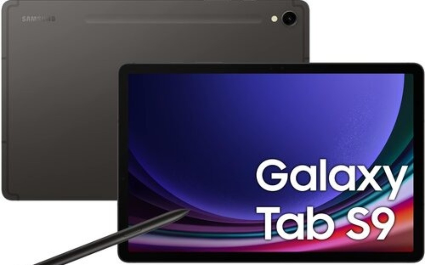 
        Tablet Samsung Galaxy Tab S9 z rysikiem na tle.
    