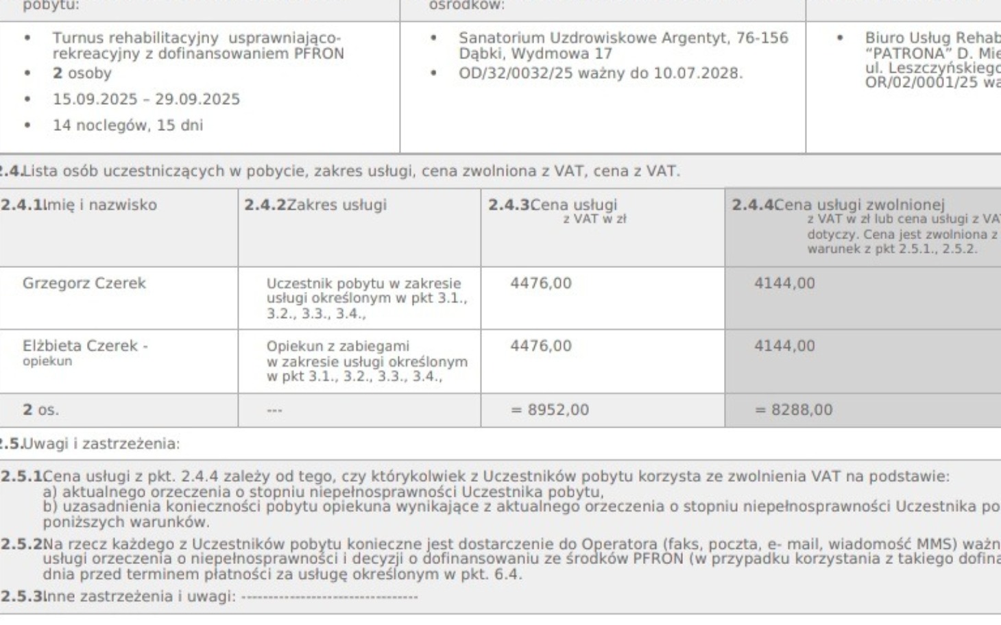 
        Dokument z informacjami o usługach rehabilitacyjnych i cenach.
    