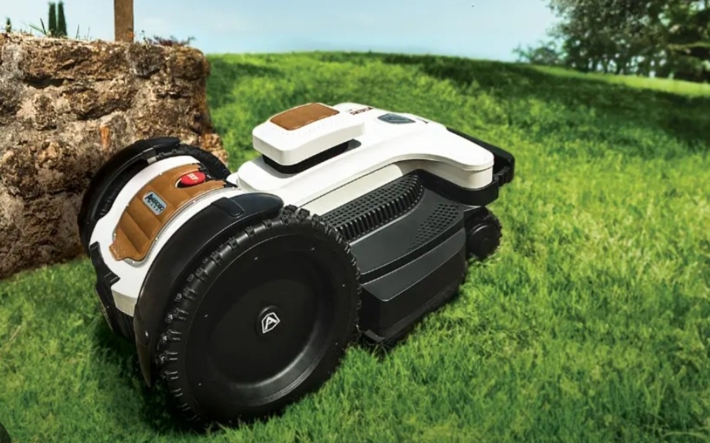 
        Robot koszący trawę na zielonym trawniku.
    