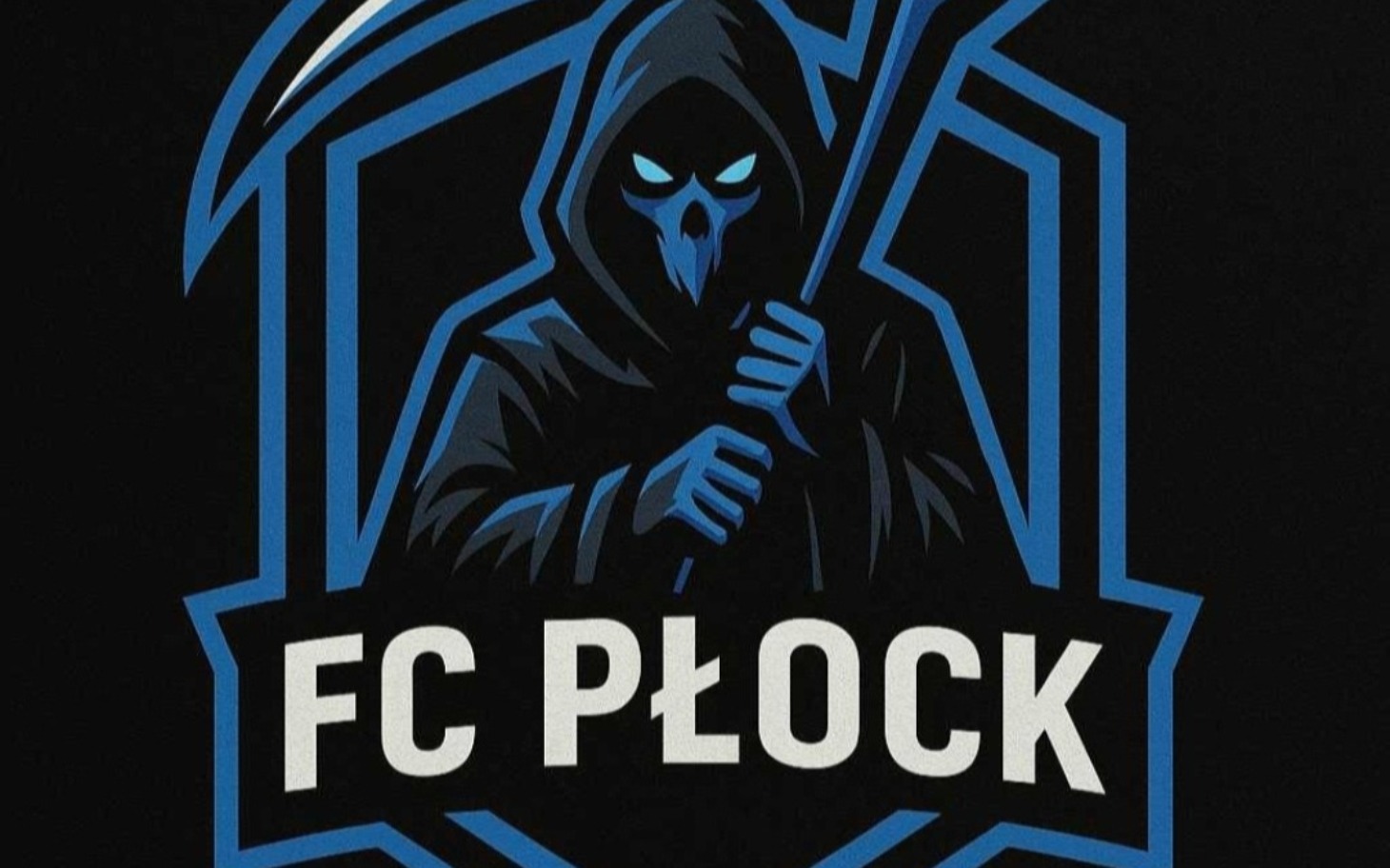 
        Logo FC Płock z postacią w kapturze trzymającą kosę.
    