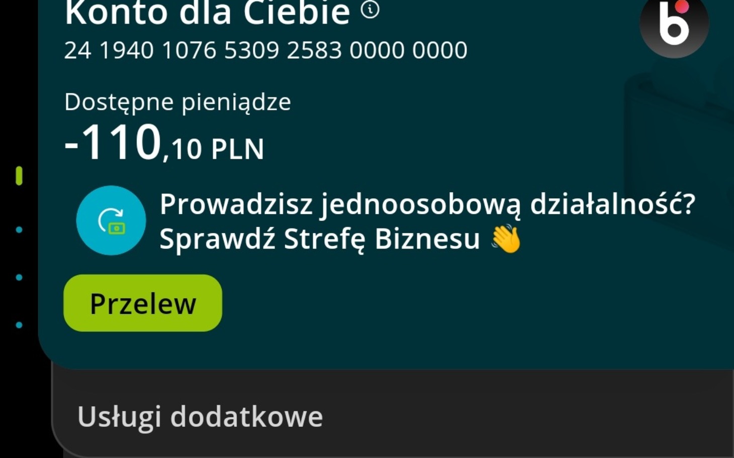 
        Zrzut ekranu z aplikacji bankowej, pokazujący saldo.
    