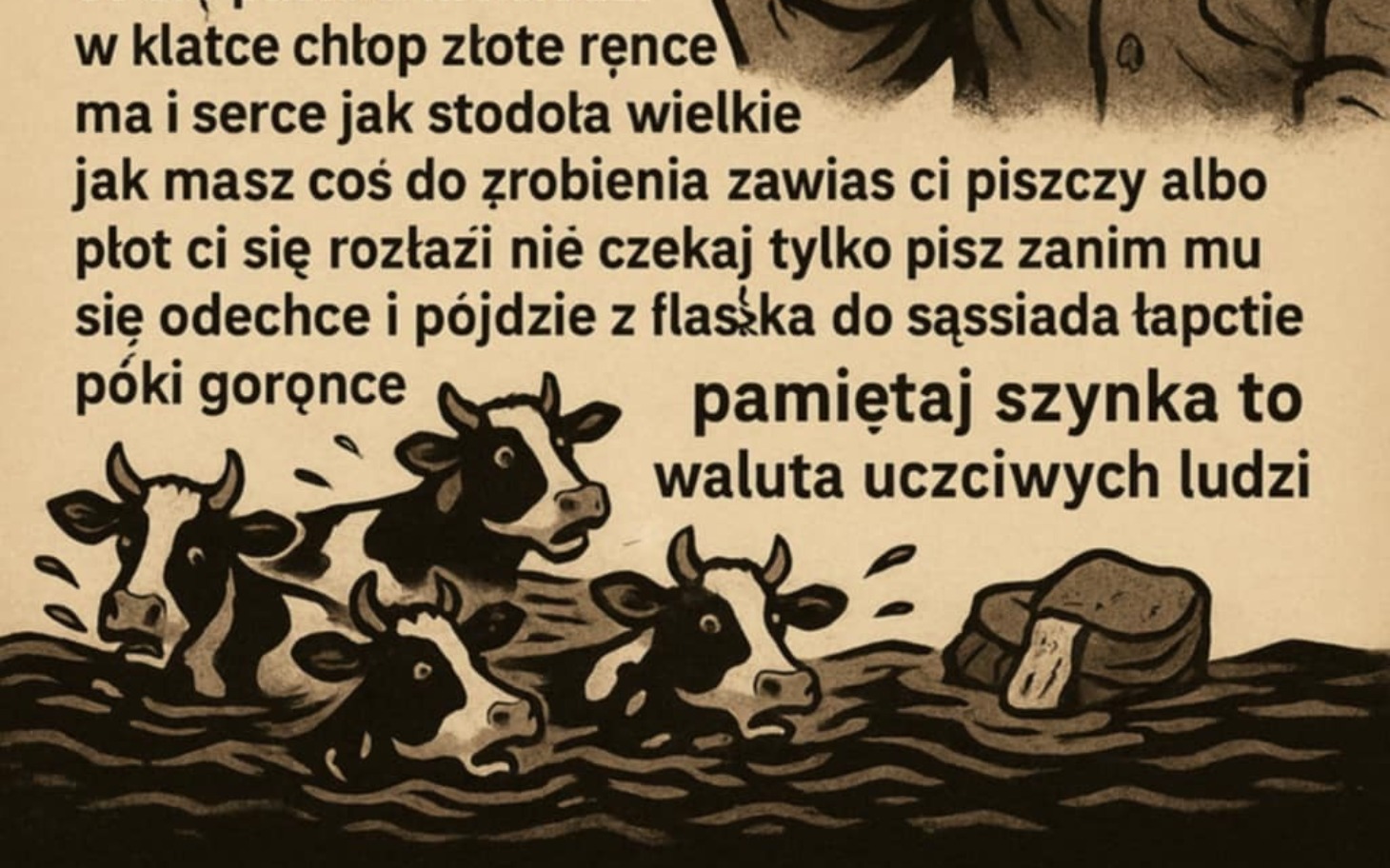 
        Ilustracja z krowami w wodzie, z tekstem o złotych rękach.
    