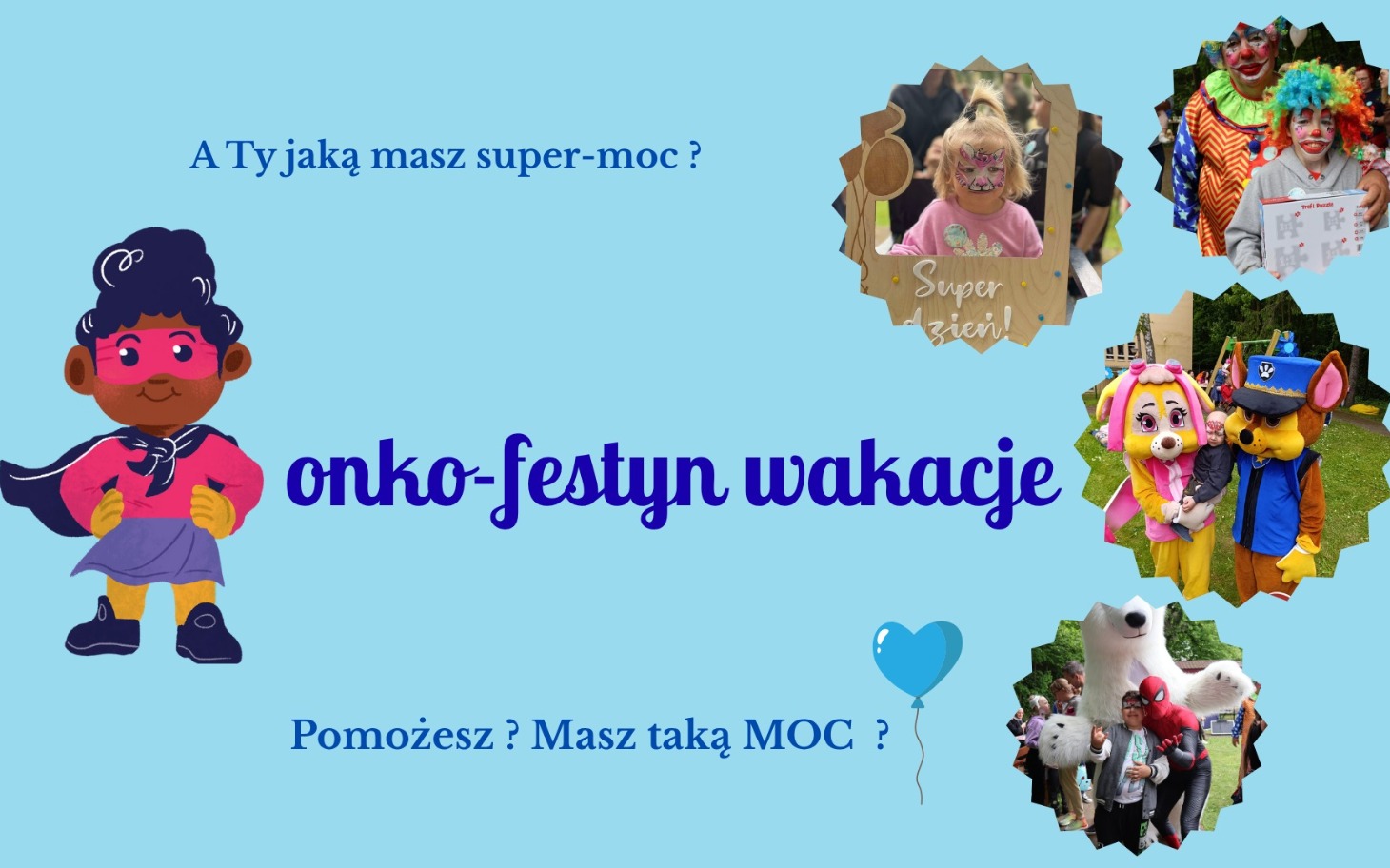 
        Kolorowy plakat promujący festyn wakacyjny z postaciami animowanymi.
    