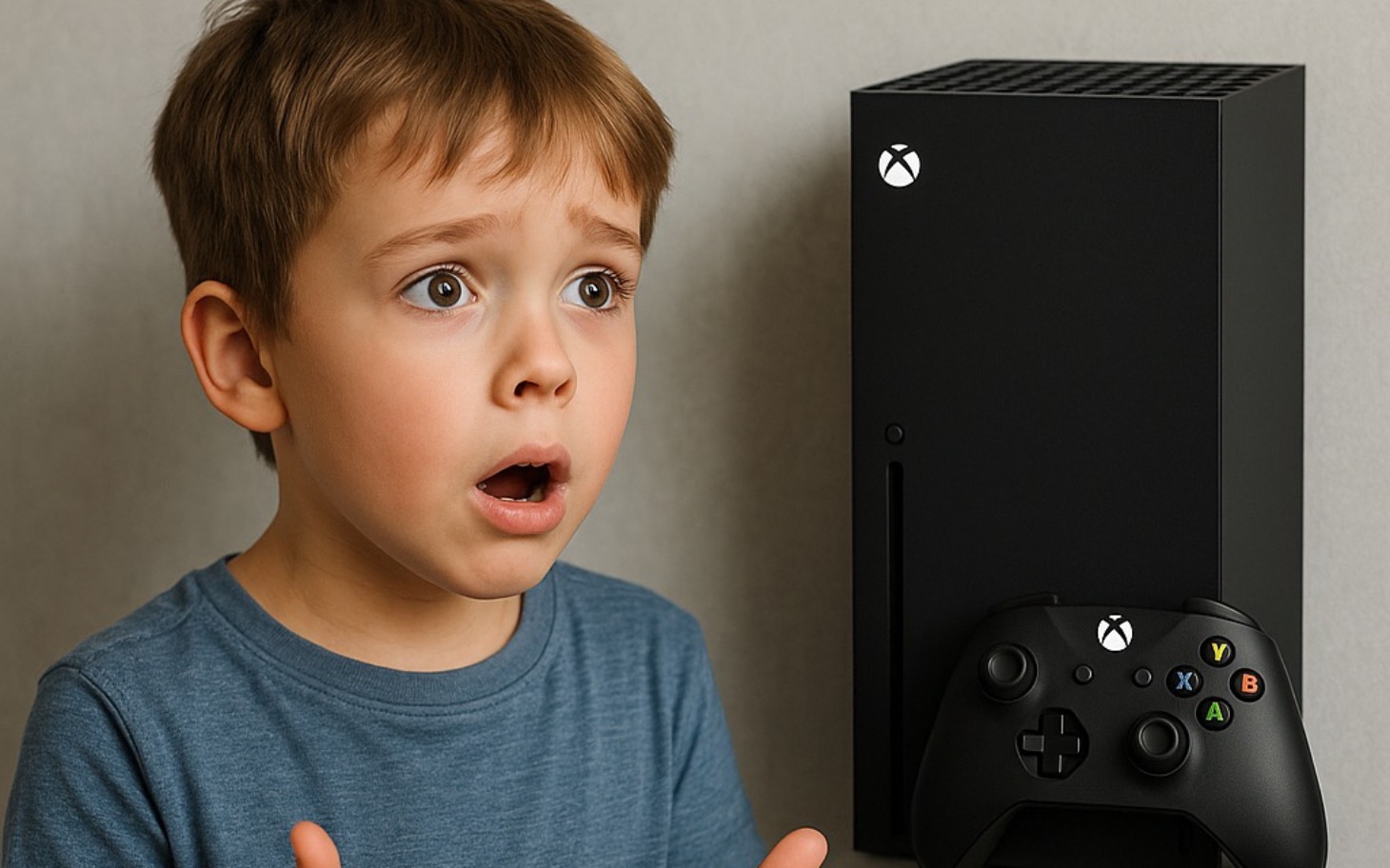 
        Zaskoczony chłopiec obok konsoli Xbox.
    