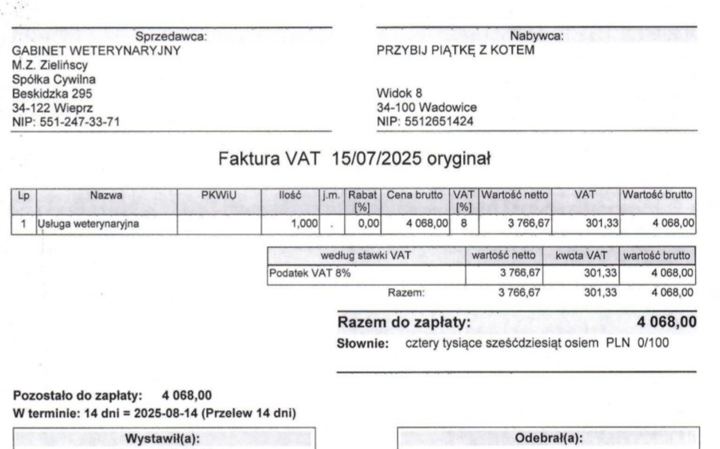 
        Faktura VAT z danymi sprzedawcy i nabywcy, szczegóły transakcji.
    