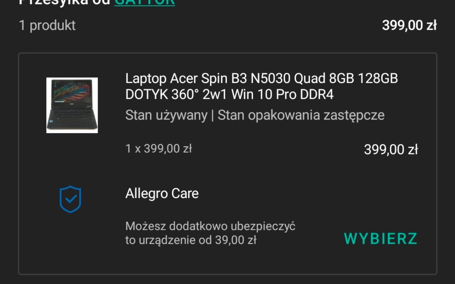 
        Ogłoszenie o sprzedaży laptopa Acer z ceną.
    