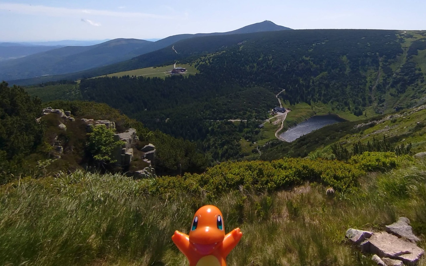 
        Widok górski z figurką Pokémona na pierwszym planie.
    