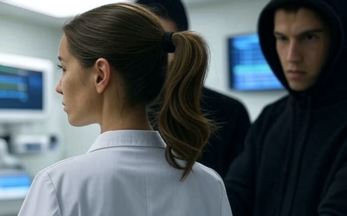 
        Kobieta w białym fartuchu, rozmawiająca z mężczyzną w kapturze.
    