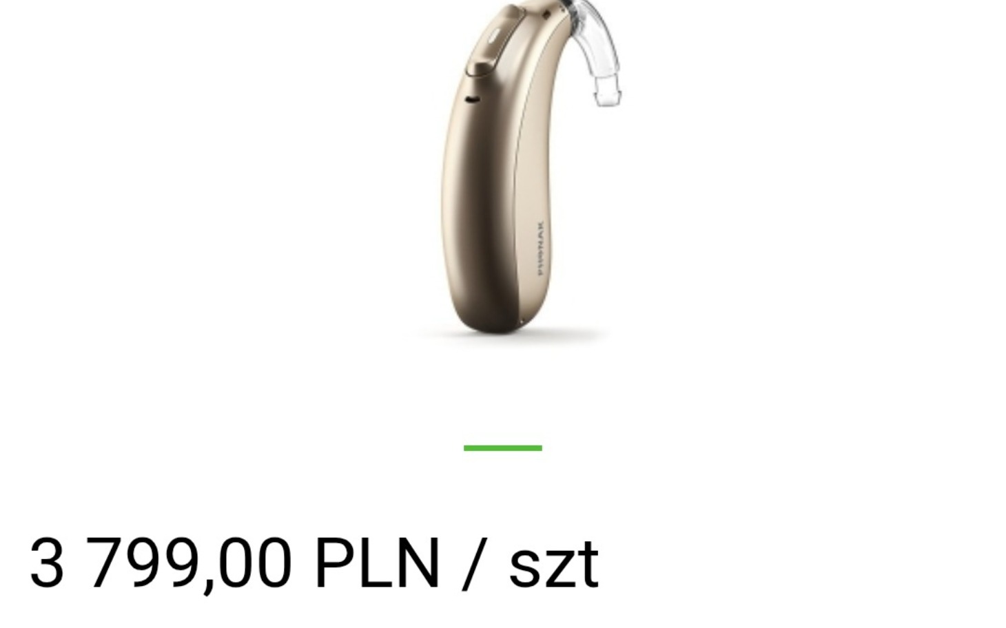 
        Aparat słuchowy w kolorze złotym na białym tle.
    