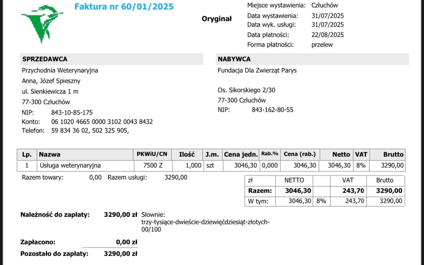 
        Faktura za usługi weterynaryjne z datą wystawienia.
    