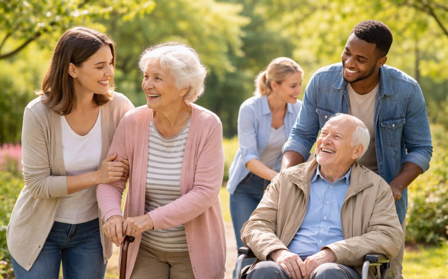
        Rodzina spaceruje w parku z osobami starszymi.
    