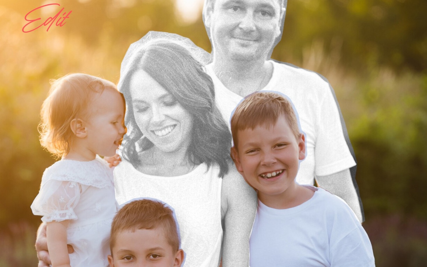 
        Rodzina pozująca do zdjęcia w plenerze, z uśmiechami na twarzach.
    