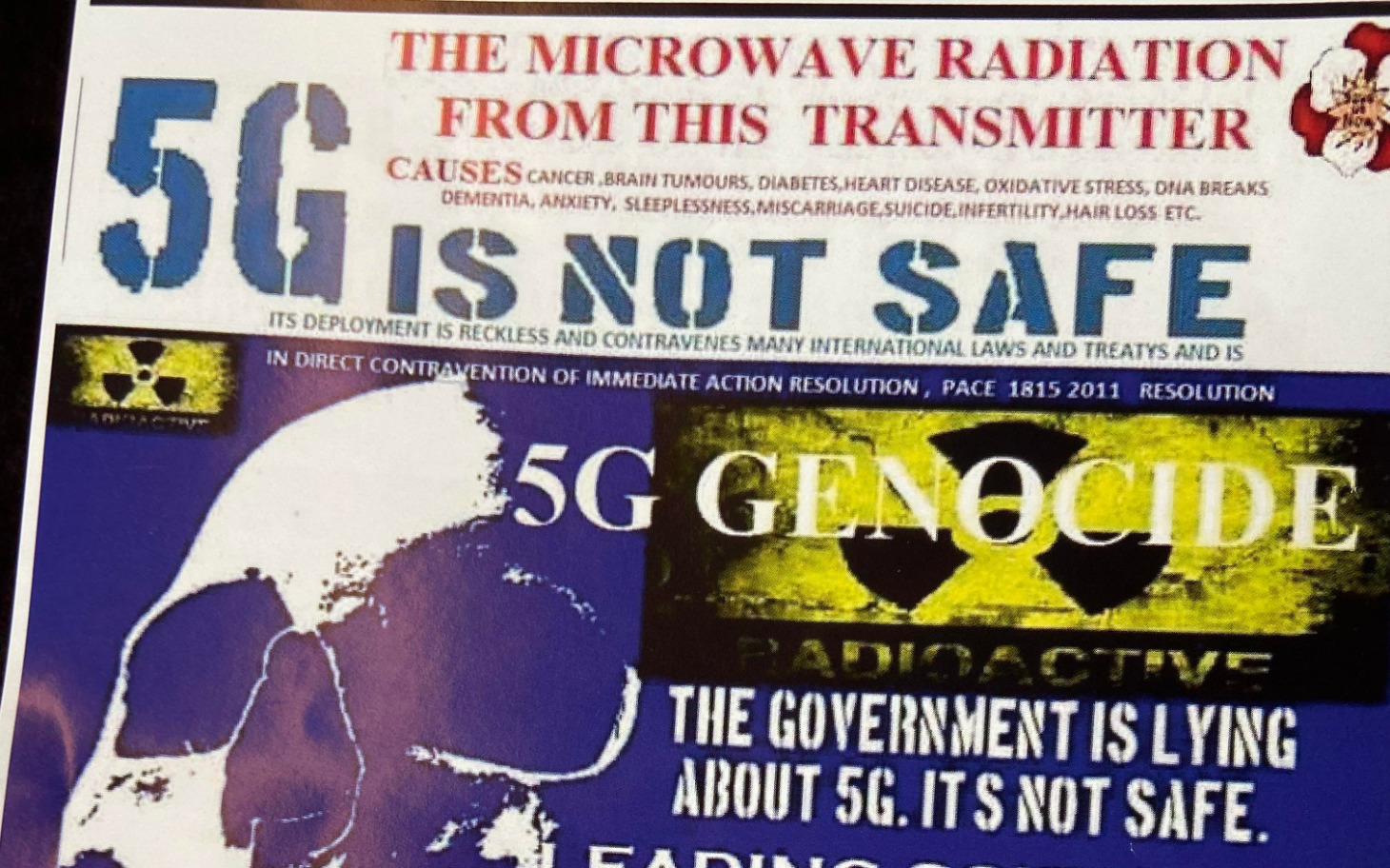 
        Plakat ostrzegający przed szkodliwością promieniowania 5G.
    