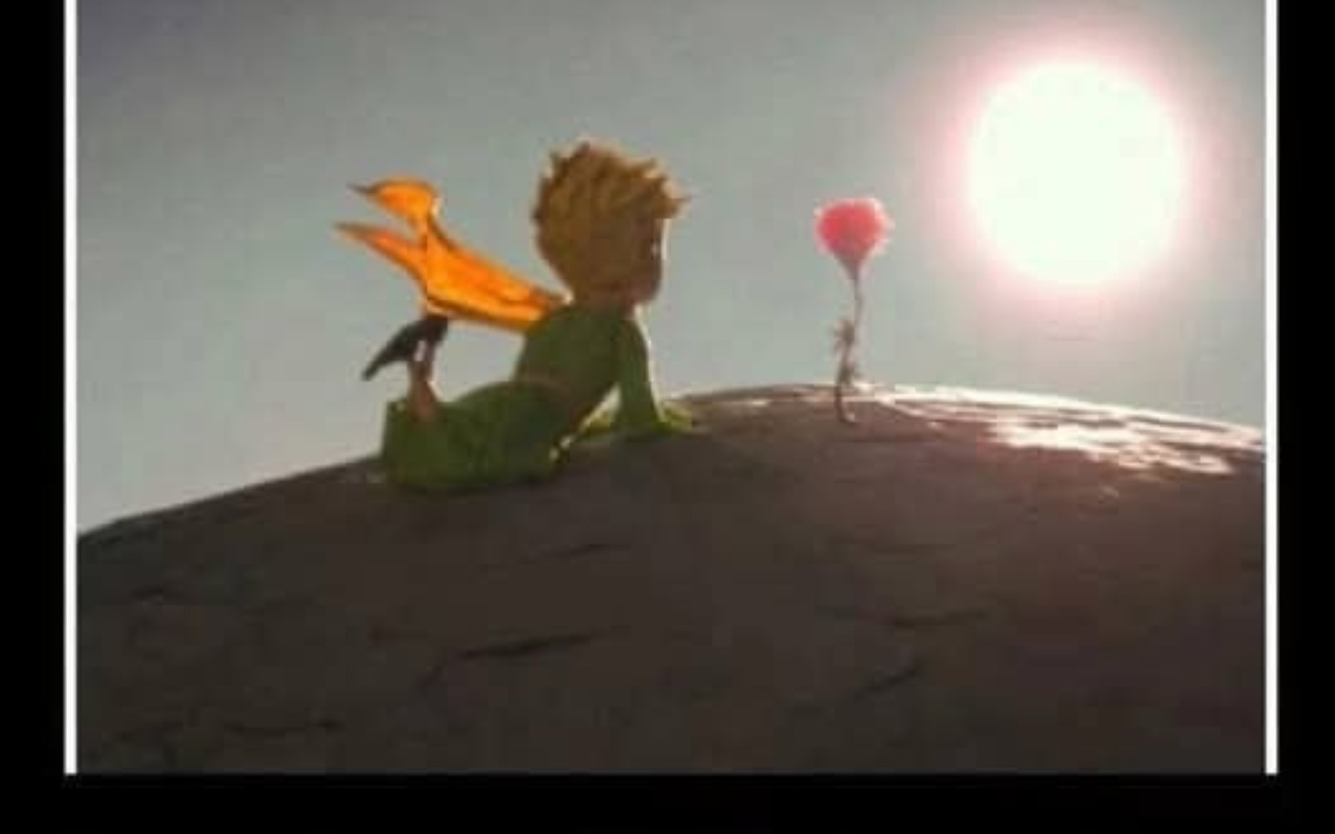 
        Mały książę z różą na planecie, patrzący w stronę słońca.
    