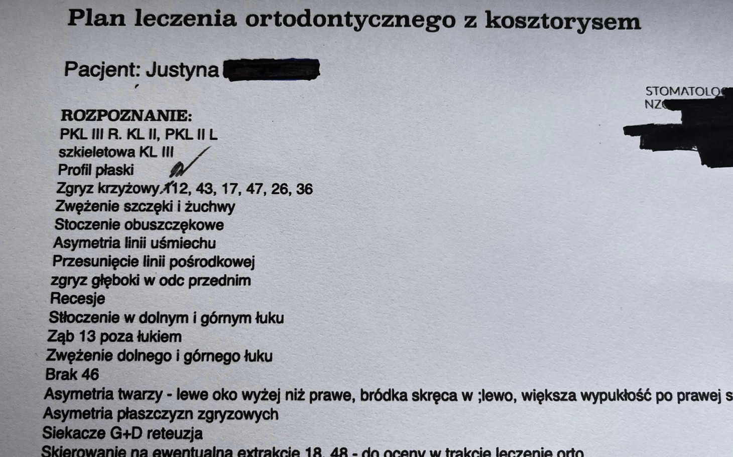 
        Dokument medyczny dotyczący leczenia ortodontycznego.
    