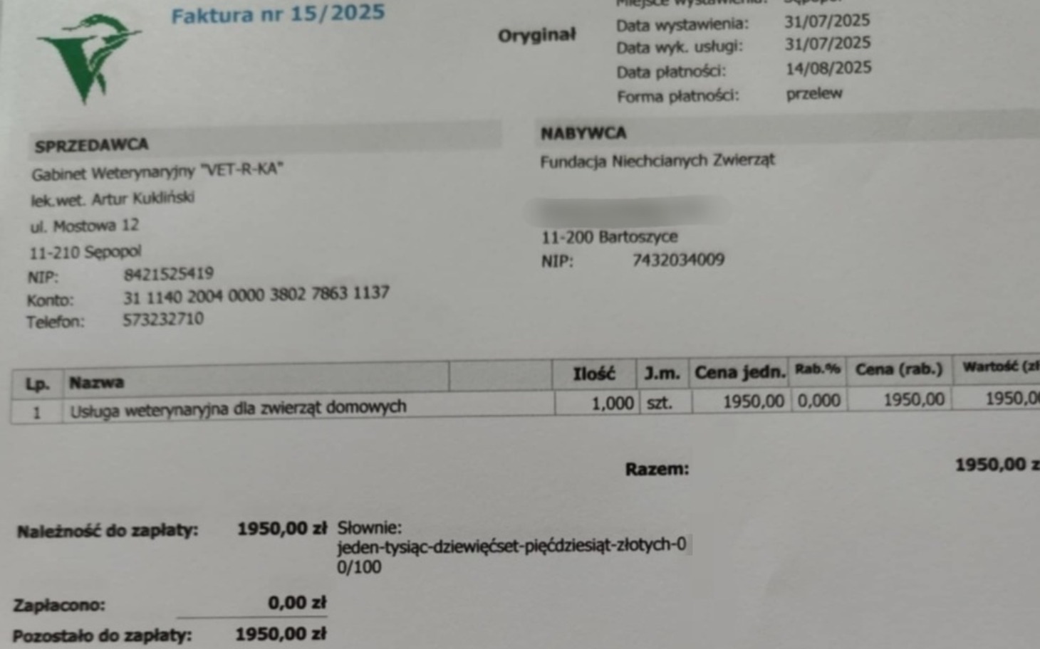 
        Faktura za usługi weterynaryjne dla zwierząt domowych.
    