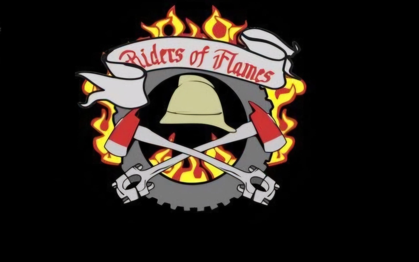 
        Logo zespołu 'Riders of Flames' z ogniem i narzędziami.
    