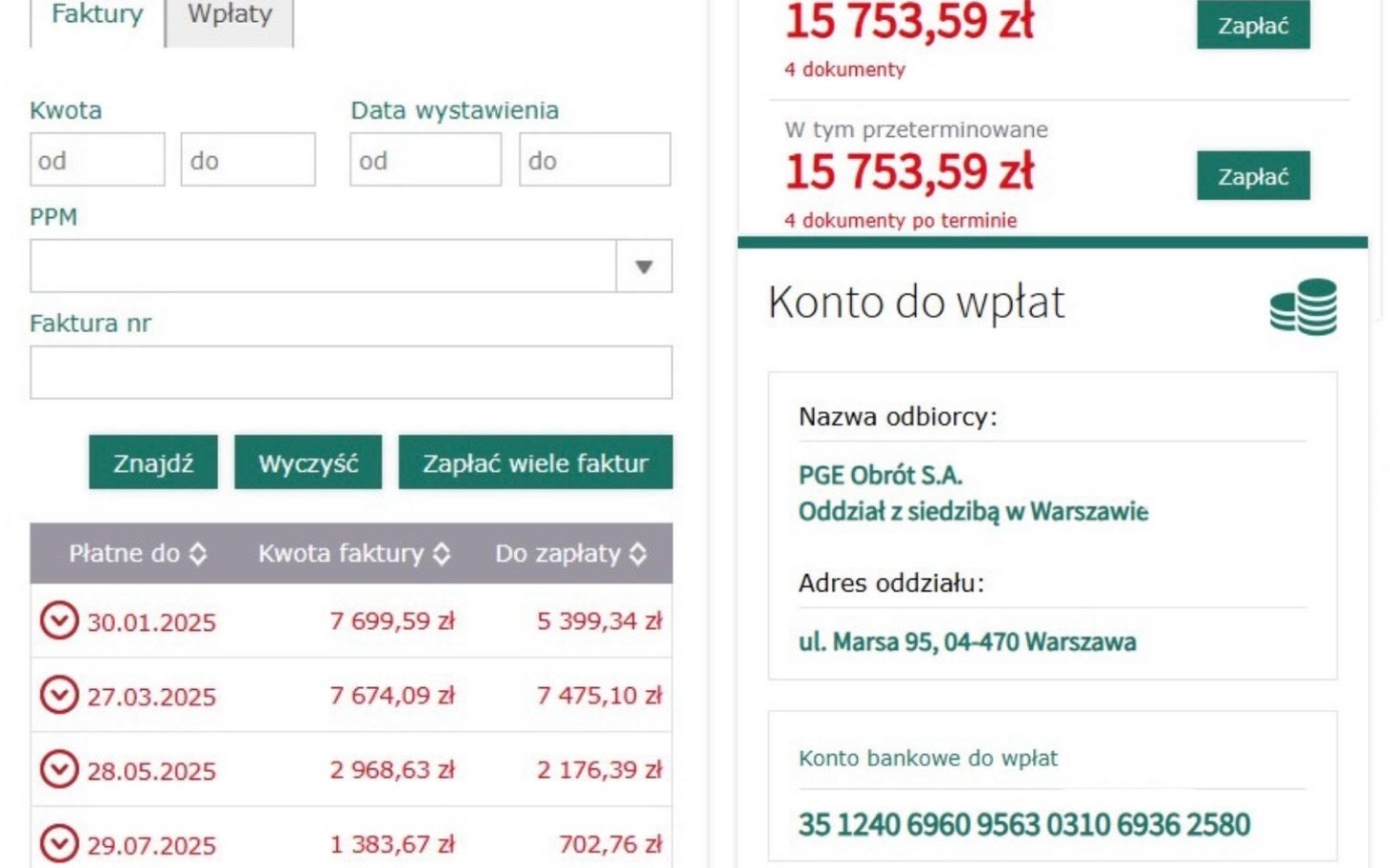 
        Zrzut ekranu z systemu płatności, pokazujący fakturę.
    