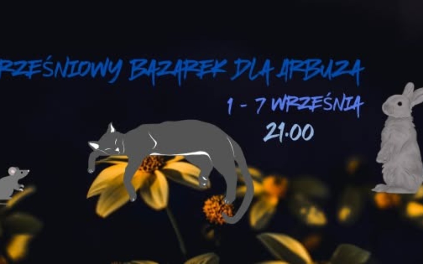 
        Grafika z kotem i królikiem, zapraszająca na bazarek.
    