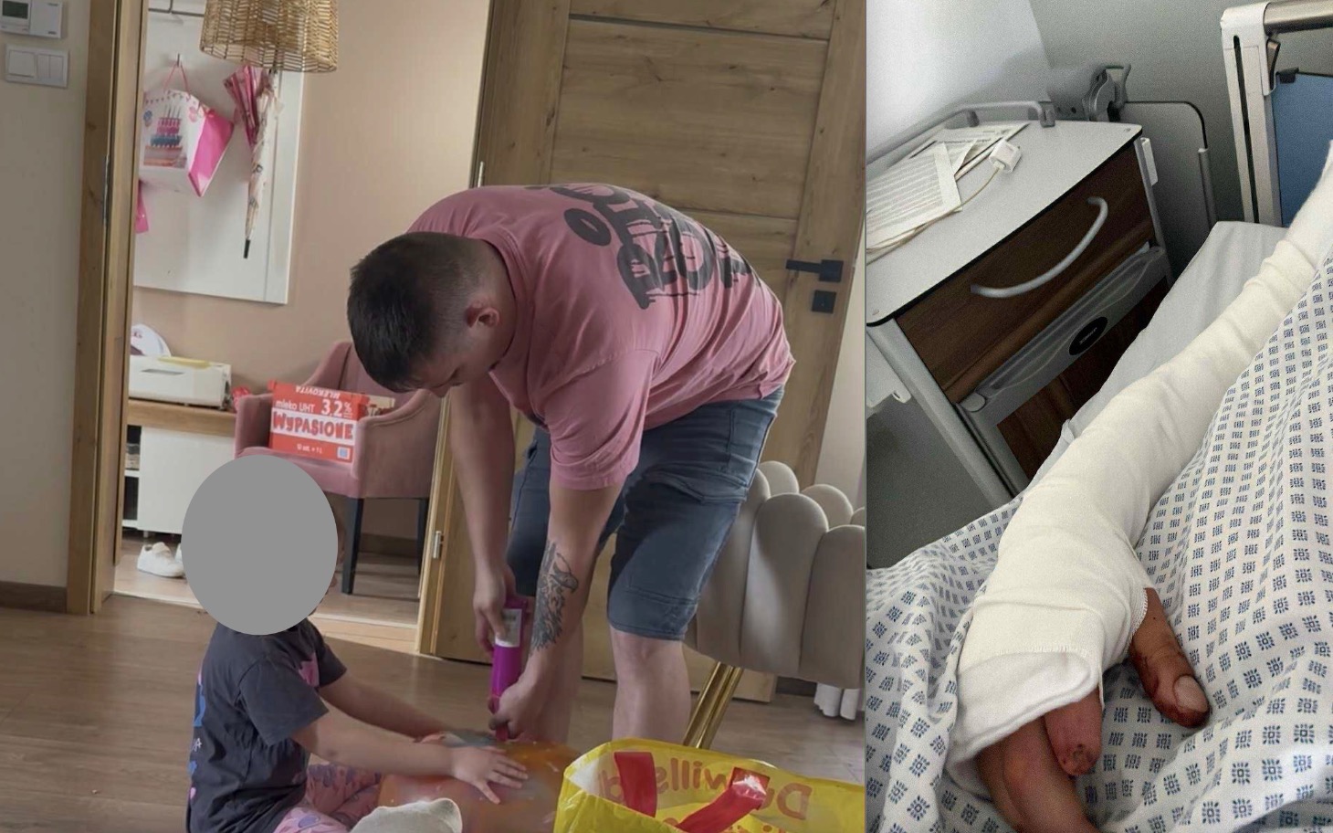 
        Rodzina bawi się w domu, dziecko i dorosły przy stole.
    
