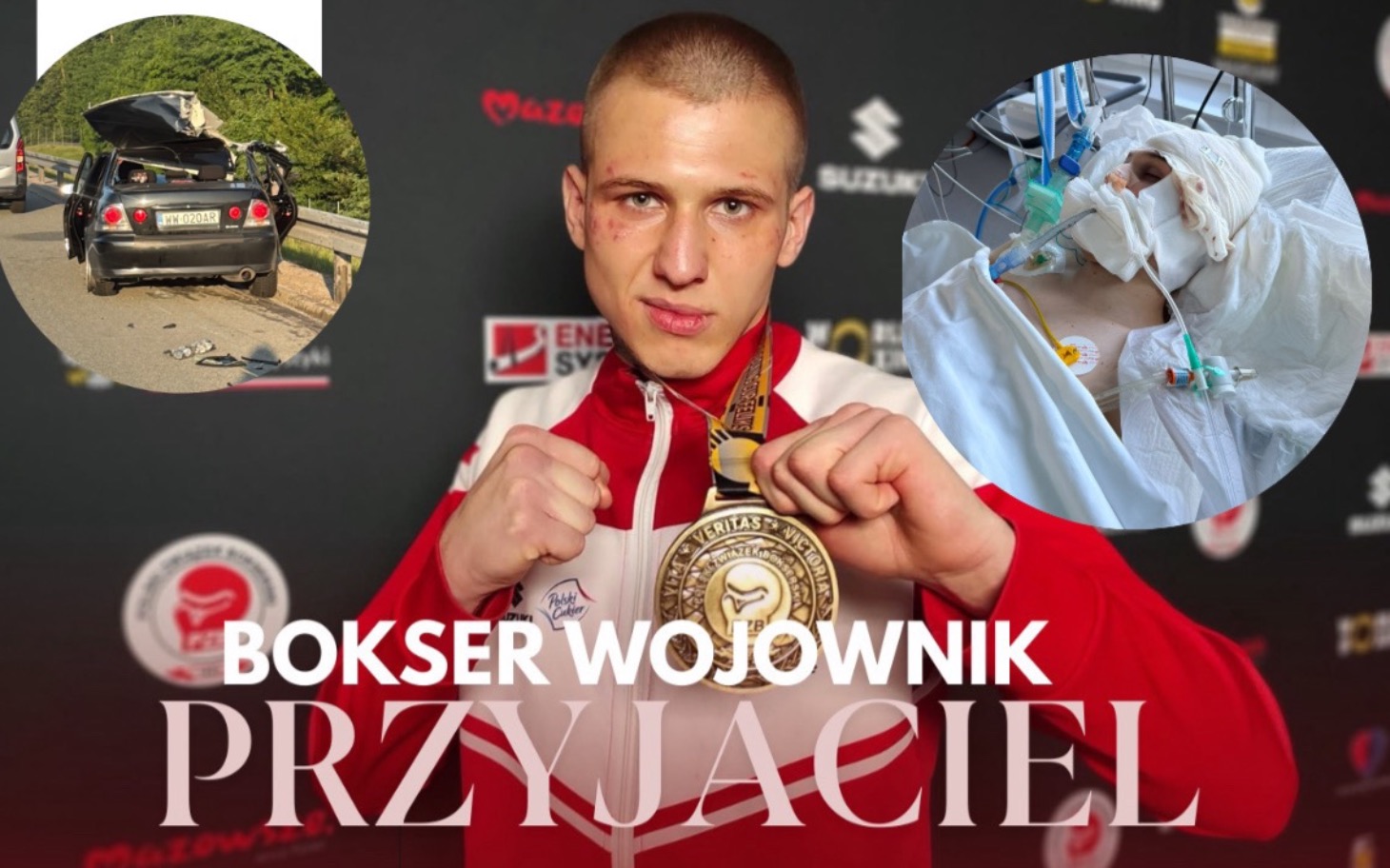
        Młody bokser z medalem, zdjęcie z wypadku w tle.
    