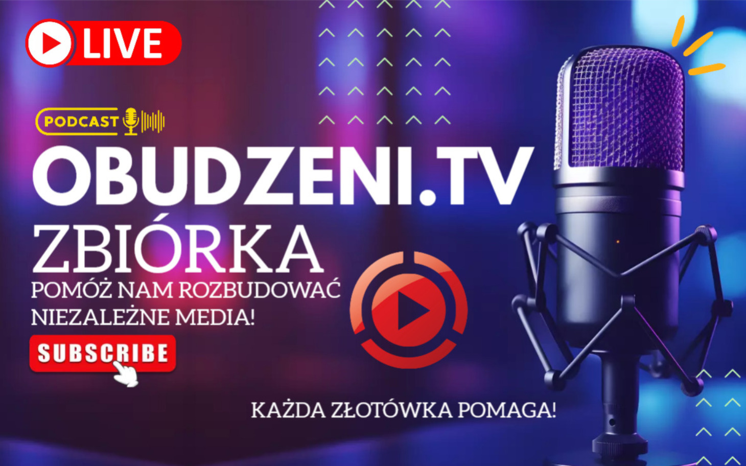 
        Grafika promująca podcast Obudzeni.tv i zbiórkę na niezależne media.
    