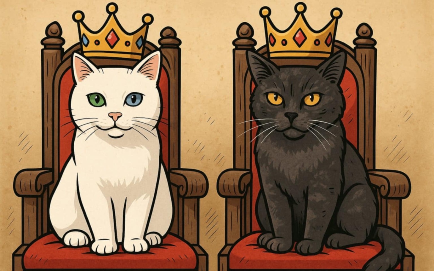 
        Ilustracja dwóch kotów w koronach, siedzących na tronach.
    