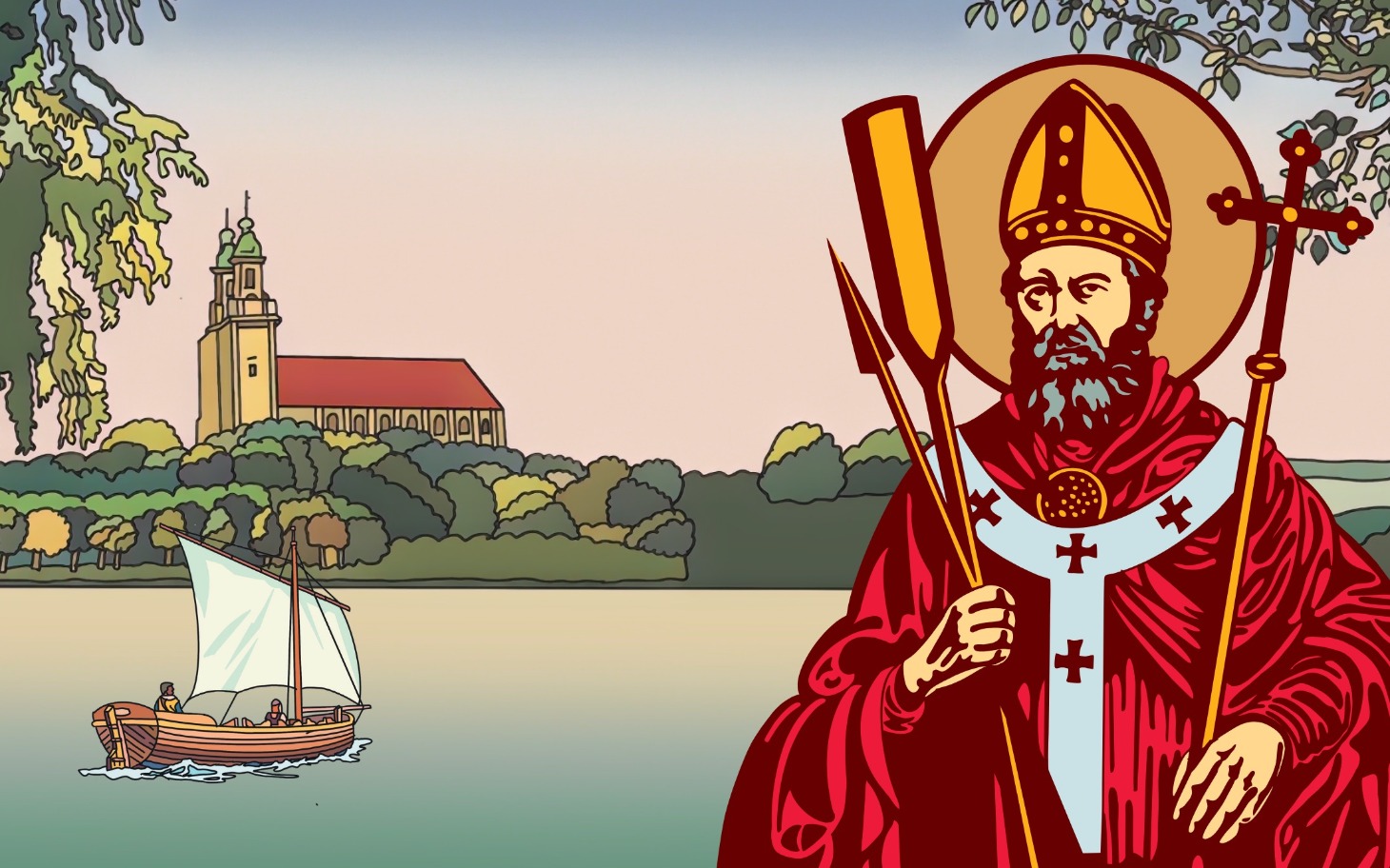 
        Ilustracja św. Wojciecha z krajobrazem w tle.
    