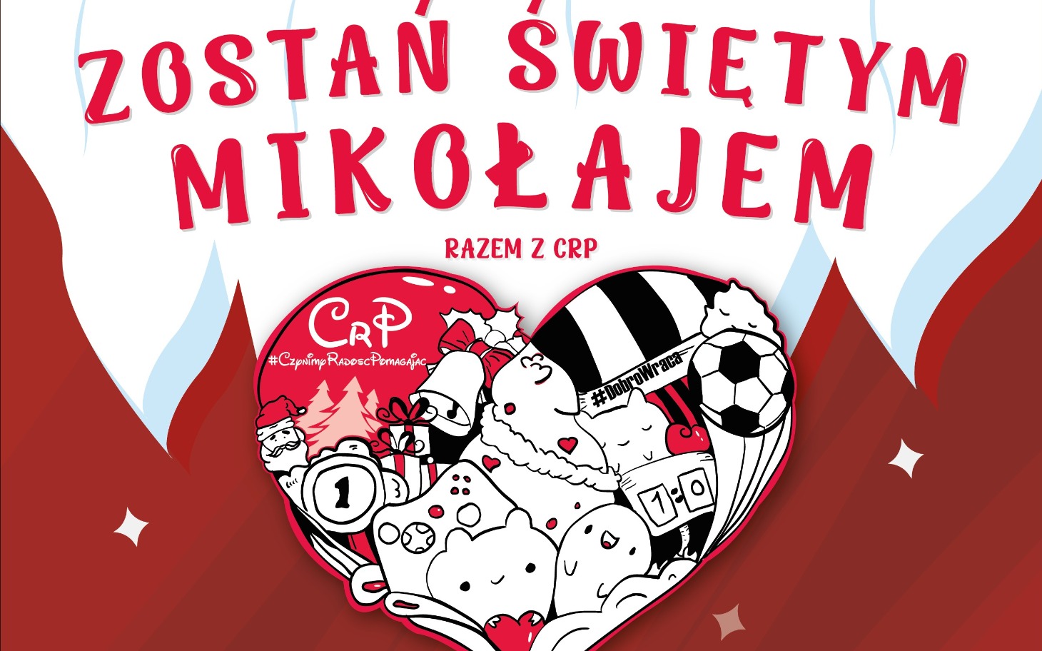 
        Grafika promująca akcję 'Zostań Świętym Mikołajem' z różnymi postaciami.
    