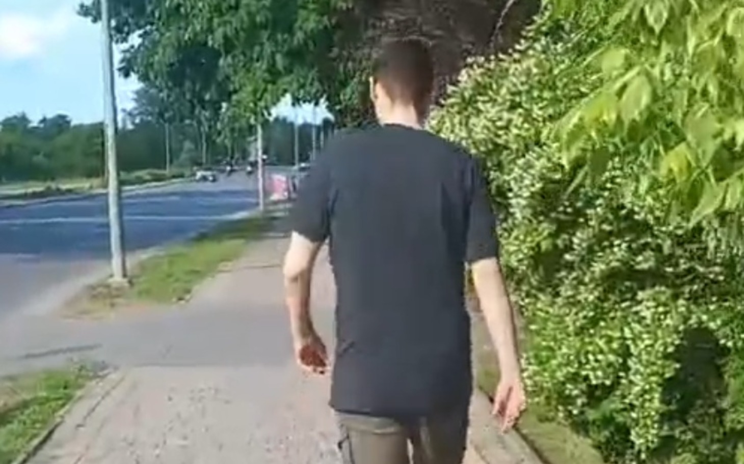 
        Mężczyzna idący chodnikiem, z widokiem na drogę i zieleń.
    