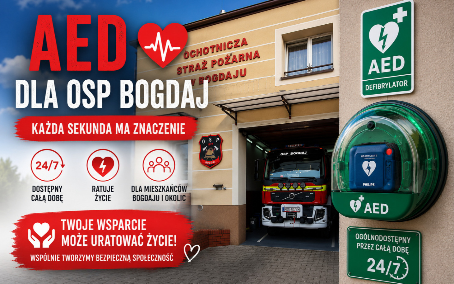 
        Widoczny jest częściowo plakat promujący pomoc dla OSP.
    