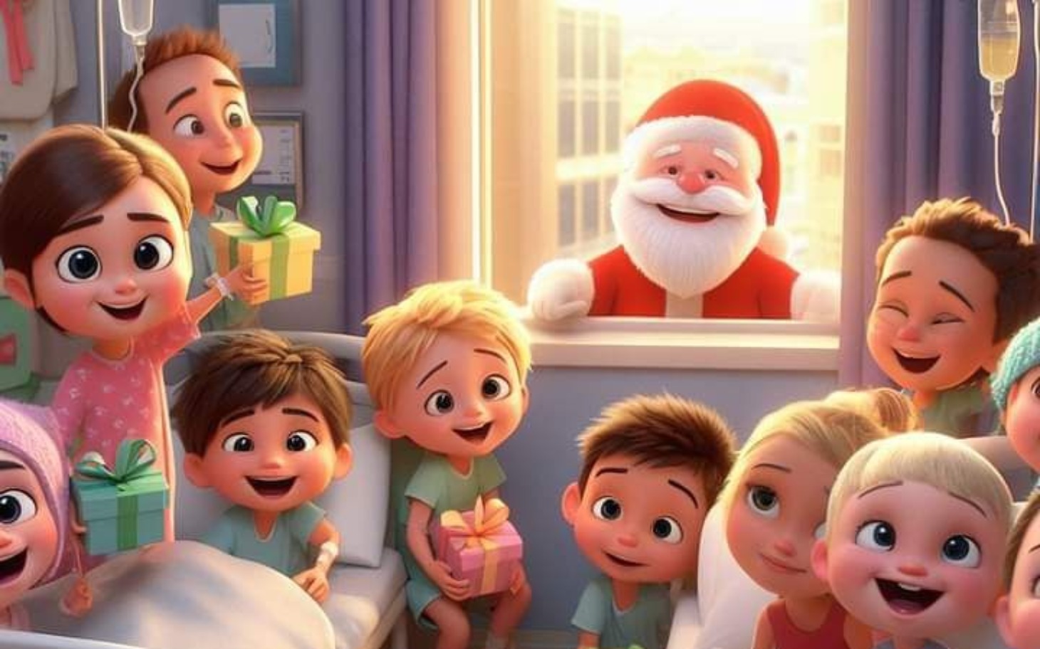 
        Grupa dzieci w szpitalu, cieszą się z wizyty Świętego Mikołaja.
    