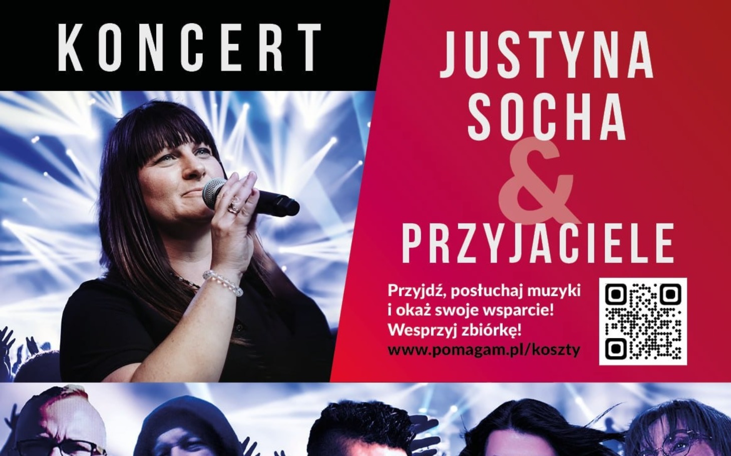 
        Plakat koncertu Justyny Sochy z przyjaciółmi, zapraszający do wsparcia.
    