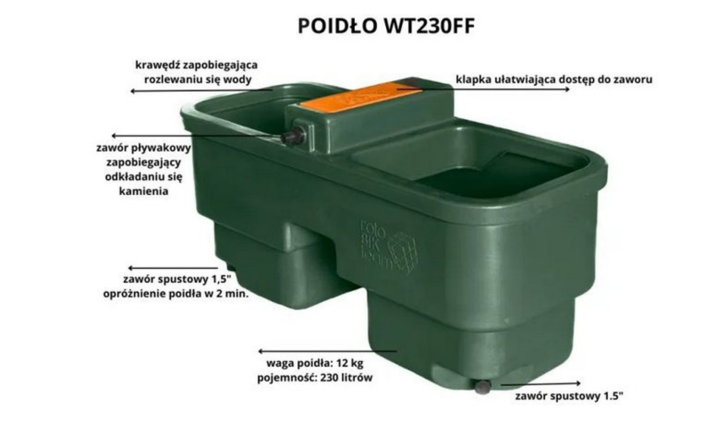 
        Poidło do wody z opisem i specyfikacją.
    