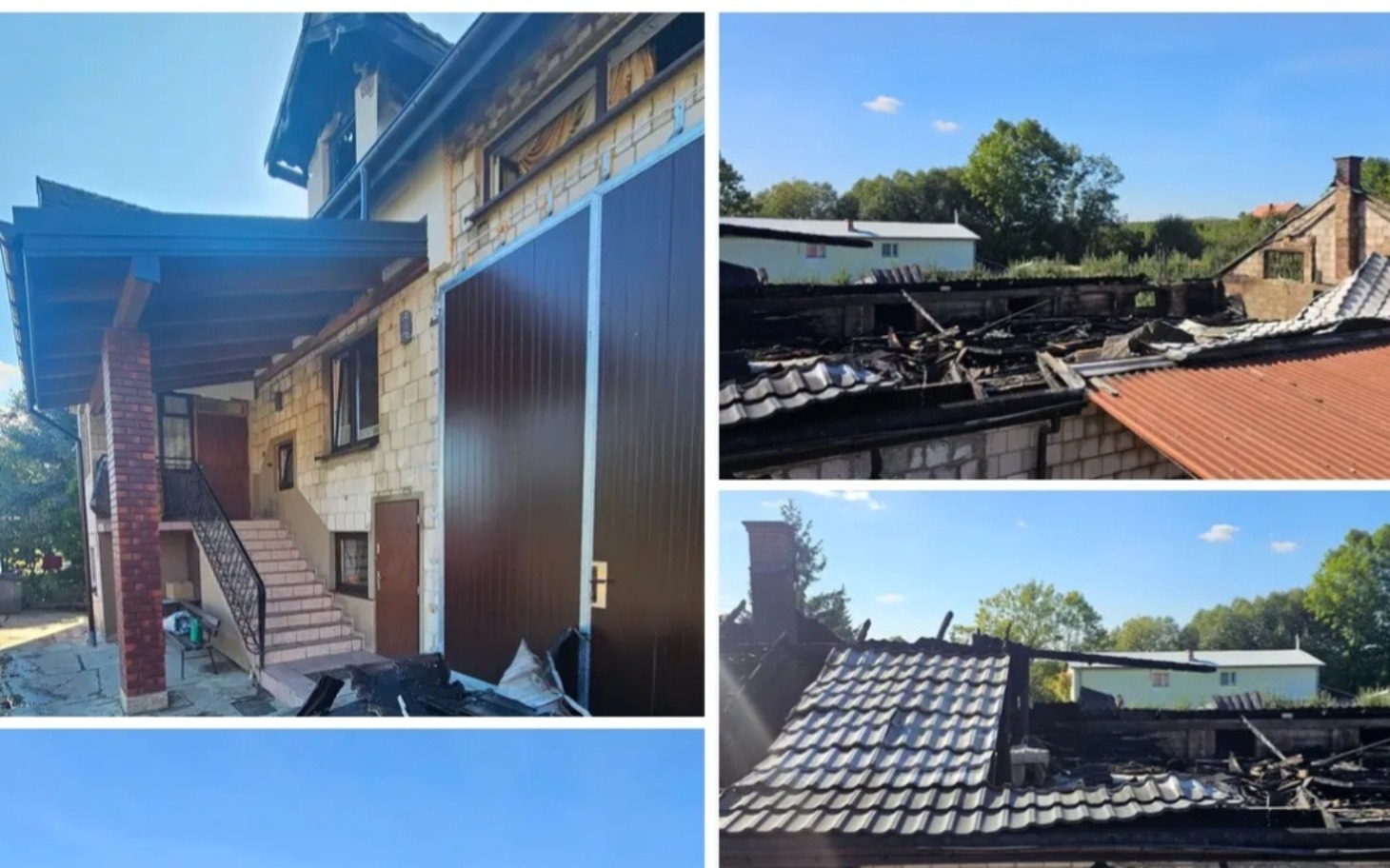 
        Zniszczony dach budynku po pożarze, widok z zewnątrz.
    