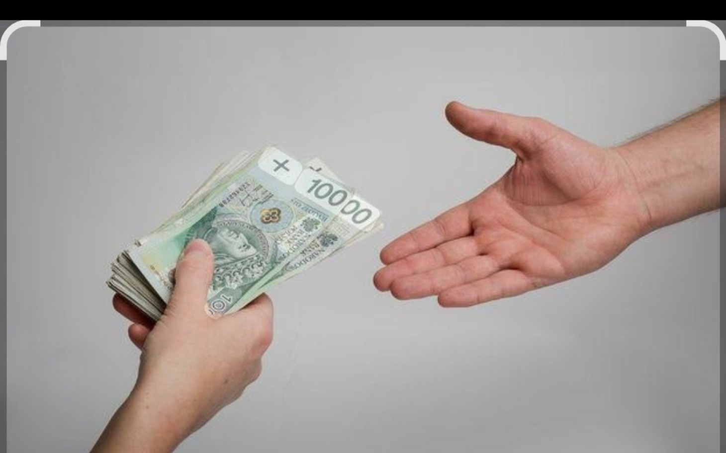 
        Ręka podająca pieniądze drugiej ręce.
    