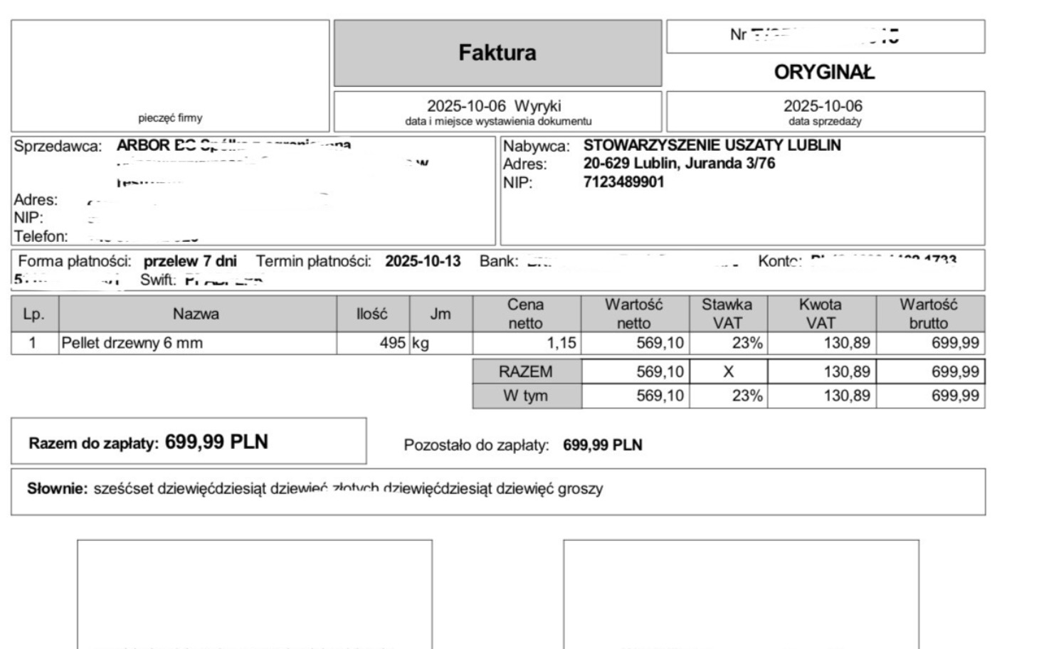 Faktura z danymi sprzedawcy i kwotą do zapłaty.