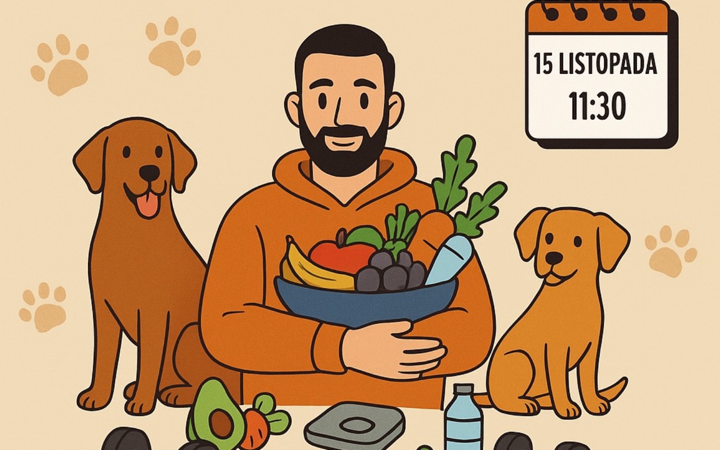 
        Mężczyzna z psem trzyma miskę z owocami i warzywami.
    