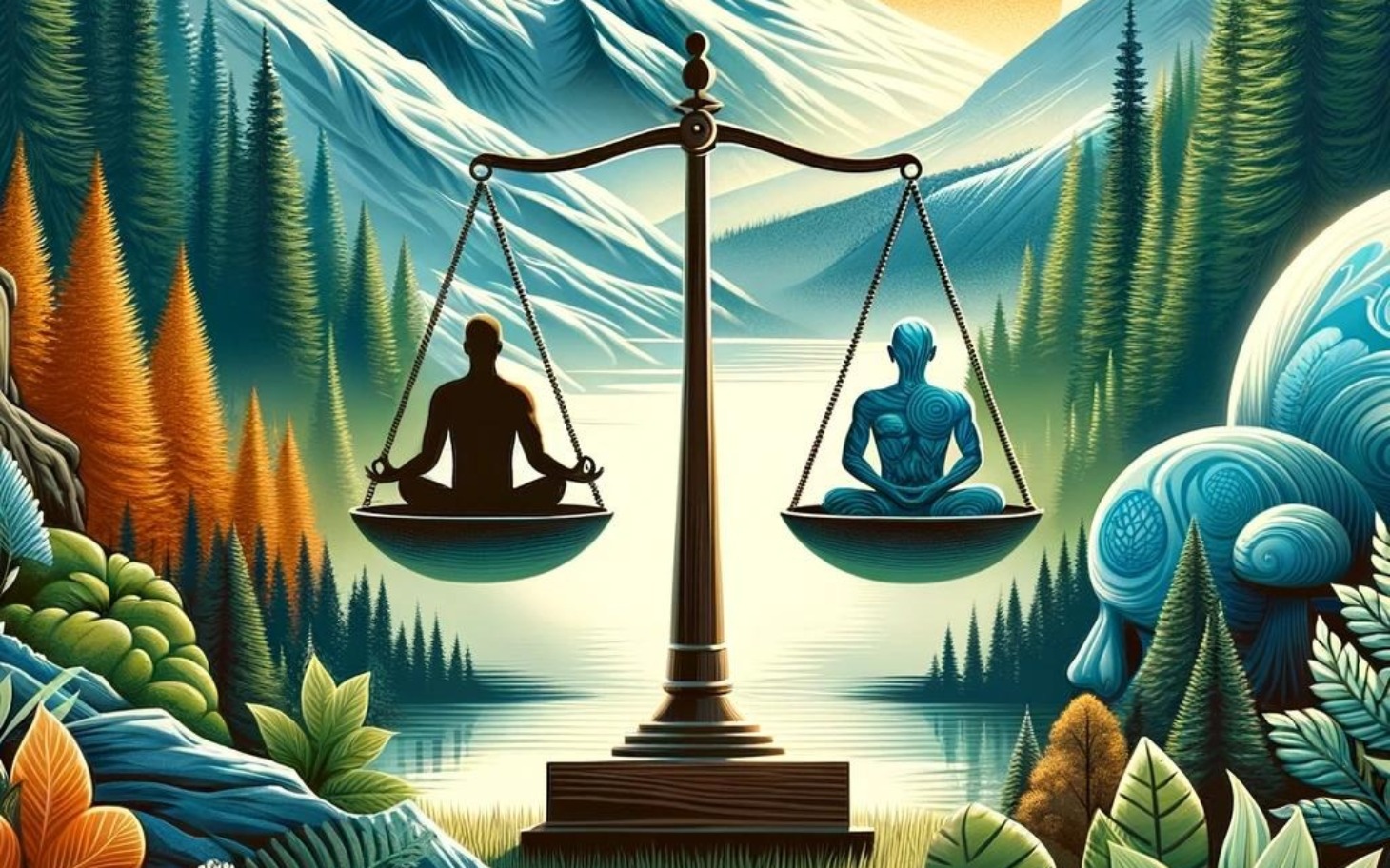 
        Ilustracja przedstawiająca równowagę między ciałem a umysłem w pięknym krajobrazie.
    