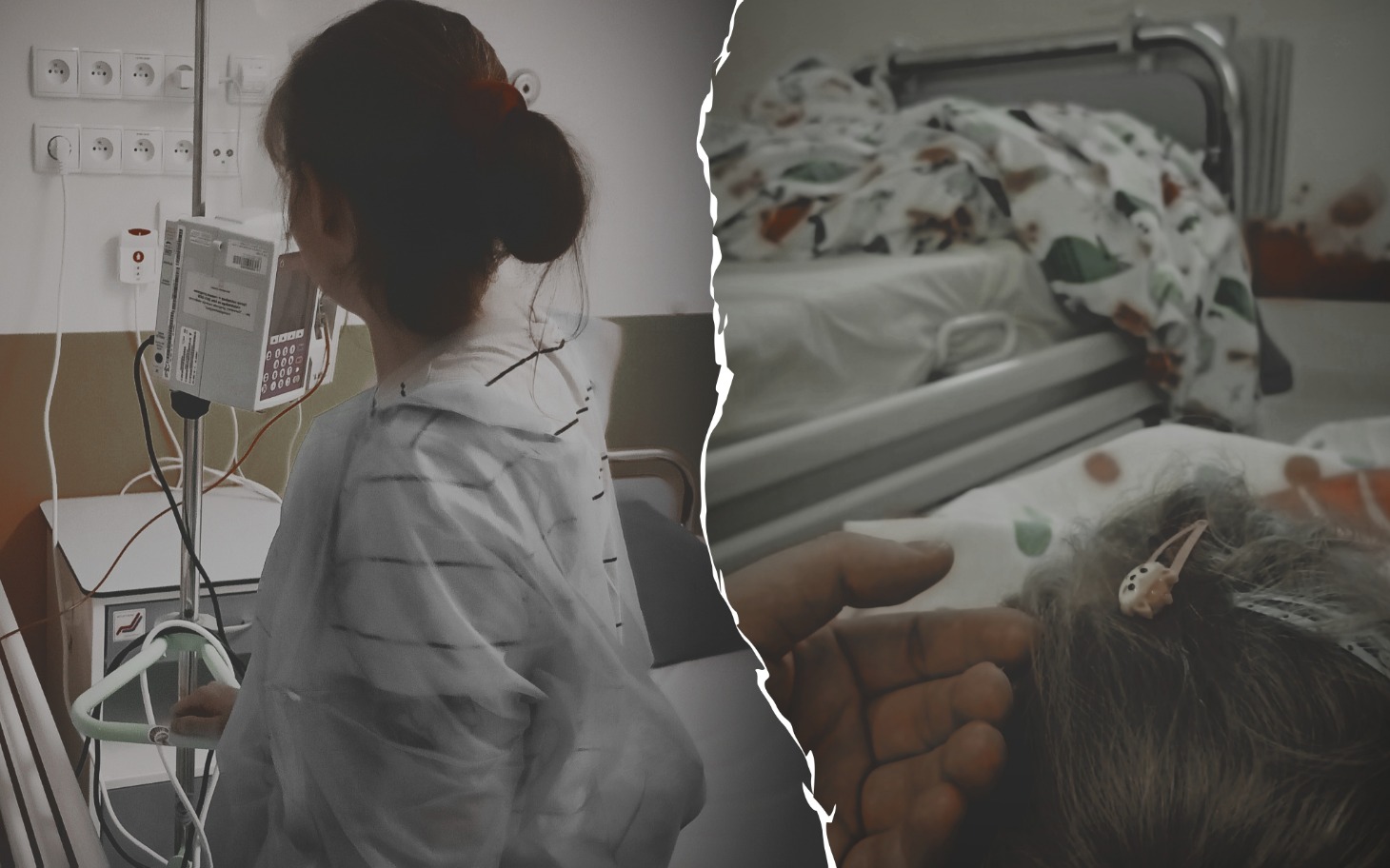 
        Osoba w szpitalnym łóżku, z kroplówką i opiekunem obok.
    