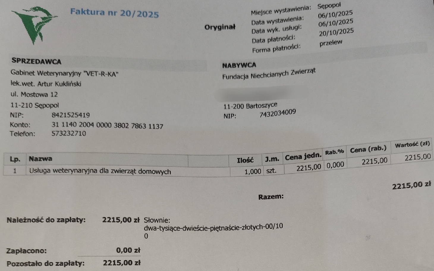 
        Faktura za usługi weterynaryjne dla zwierząt domowych.
    