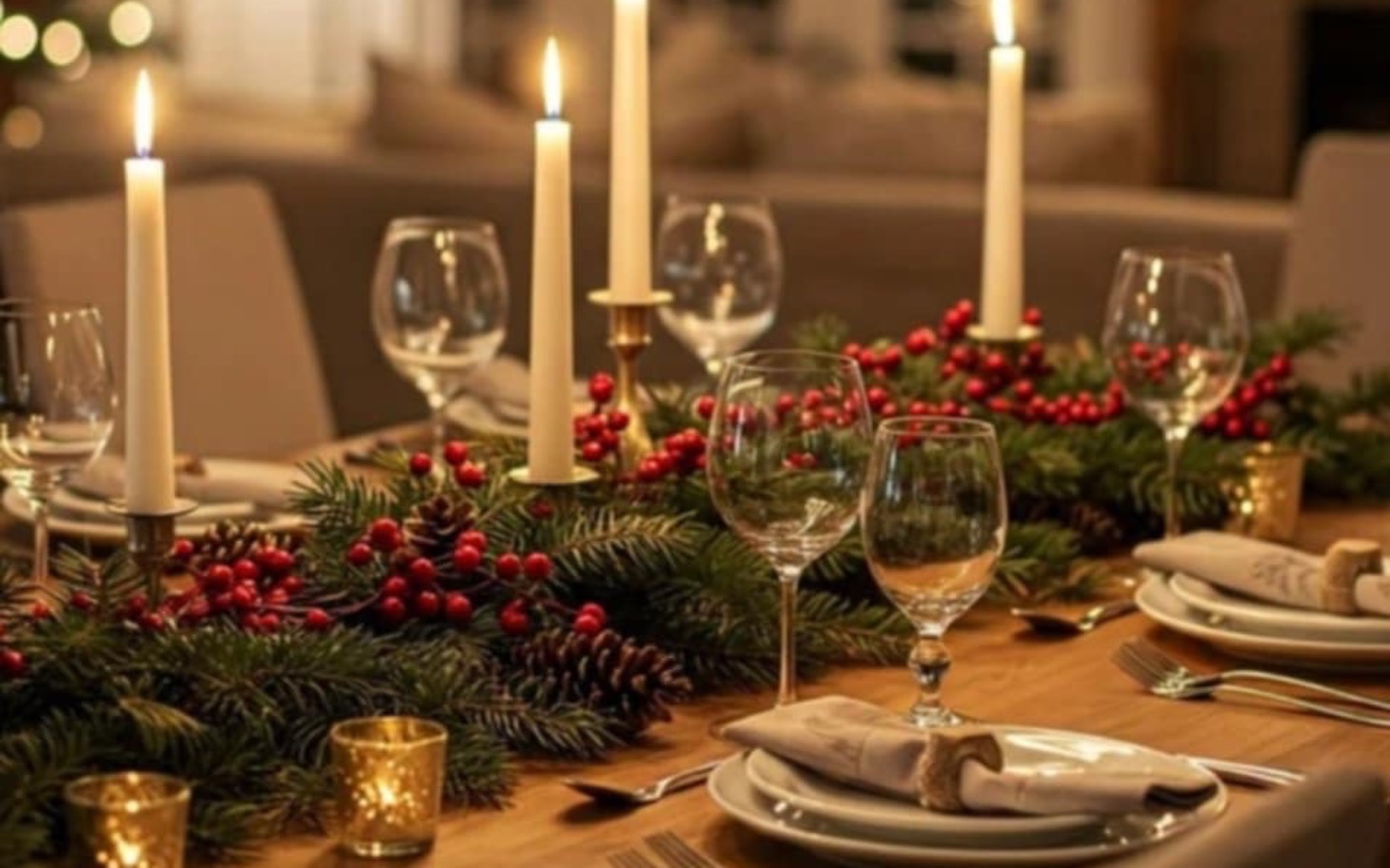 
        Stół świąteczny z dekoracjami i świecami.
    